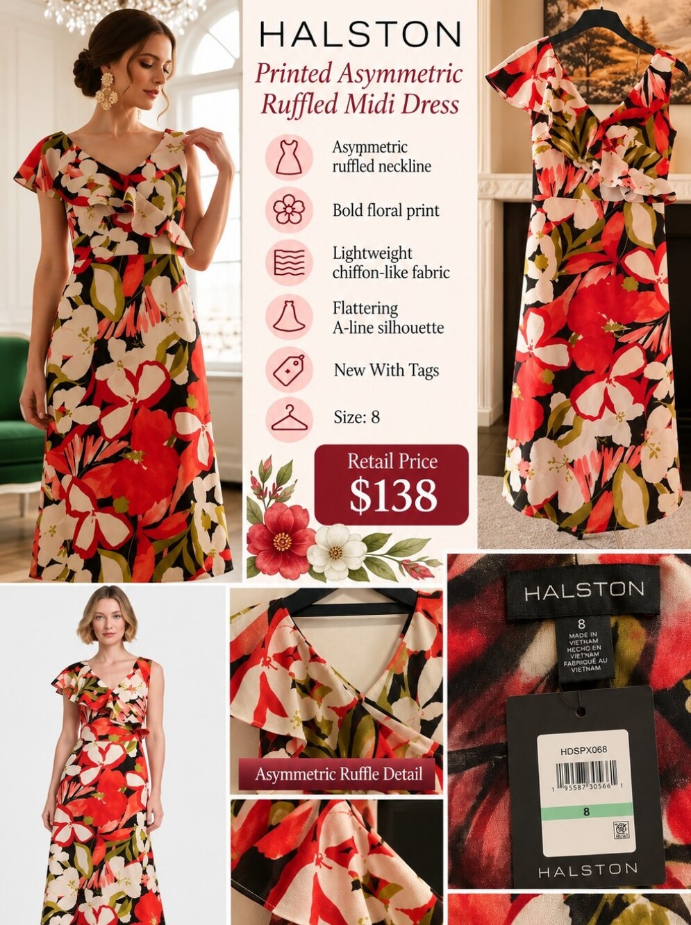 NWT Halston Heritage Women's Red Floral Asymmetric Ruffled Midi Dress